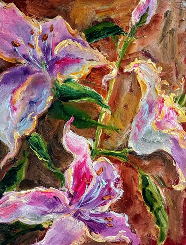 Gigli fiori quadro olio 15x20