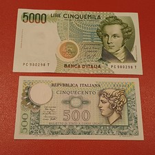 Lotto Vecchie Banconote Italia 5000 Lire Bellini + 500 Lire Mercurio Lotto A 15 