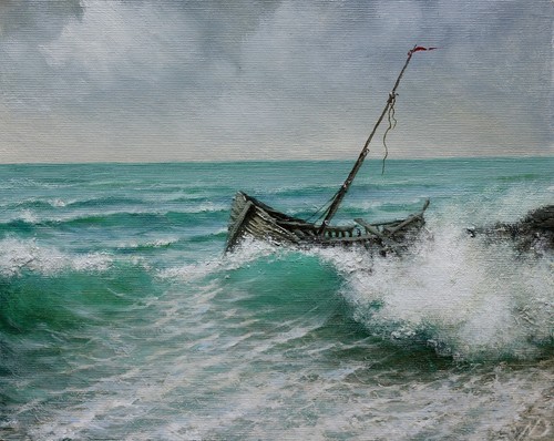 Dipinto olio barca abbandonata