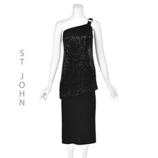 ST. JOHN COUTURE Black One-Shoulder Sequined Top & Santana Knit Midi Skirt SZ 2