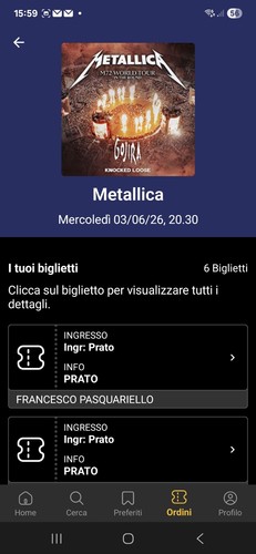 Biglietti metallica prato - prato, m72