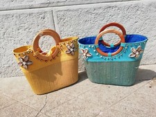 BORSA RIGIDA, SECCHIELLO, A MANO, PAGLIA/STOFFA. AZZURRA O GIALLA. h cm. 32. 