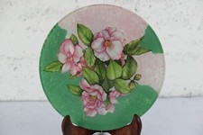 PIATTO Rotondo Decorato con Decoupage e FIORI ROSA Verde ARTE Fatto a Mano Arte