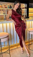 Ax Paris Uno Spalla Nodo Gonna Raso Midi Abito IN Vino UK 14(fmn42-16)