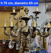 Lampadario Antiquariato Italiano 900 con applique Ottone e Gocce Cristallo 