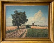 Dipinto Impressionista Paesaggio Nordico Con Mulino A Vento E Campi Di Grano