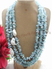 Collana 3 Fili Naturale Bianco Keshi Barocco Perla Blu Acquamarina Ghiaia Gemme