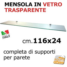 RIPIANO VETRO MENSOLA CRISTALLO CM.24X116 SP.8MM CON SUPPORTI X PARETE LIBRERIA