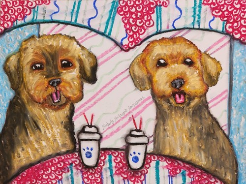 Yorkiepoo drinking latte 5x7 - a,