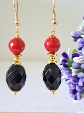 Orecchini Pietre Dure Onice Nero Con Perle Corallo Rosso 