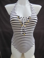 New Look size 10 creamy white/blck textured corset trim pad cup swimming costume