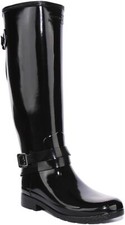 HUNTER Refined Alto Cinturino Sul Retro Stivali da Donna IN Vernice Nera UK 3 -