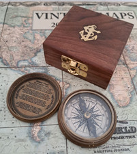 BUSSOLA OTTONE ANTICATO + INCISIONE POESIA + BOX LEGNO IDEA REGALO STILE VINTAGE