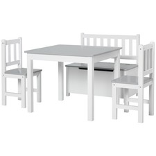 HOMCOM Set Tavolino per Bambini 2 Seggiole e Cassapanca in Legno Bianco e Grigio