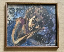 Dipinto vintage dell'artista popolare africano Kwesi Brew - ritratto - firmato incorniciato