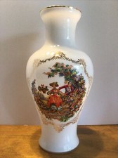 vtg FRENCH COUNTRY milk glass vase courting couple garden flowers gold leaf