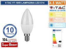 CONFEZIONE 10 PEZZI V-TAC VT-1855 LAMPADINA LED E14 4,5W CANDELA 470 LUMEN 180°