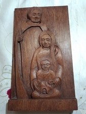 Sacra Famiglia Scultura Bassorilievo Etnica Legno Intarsiato Cm 28