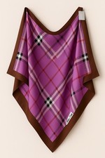 Foulard in seta Marina D’Este viola motivo check bordo marrone 83x83 cm nuovo