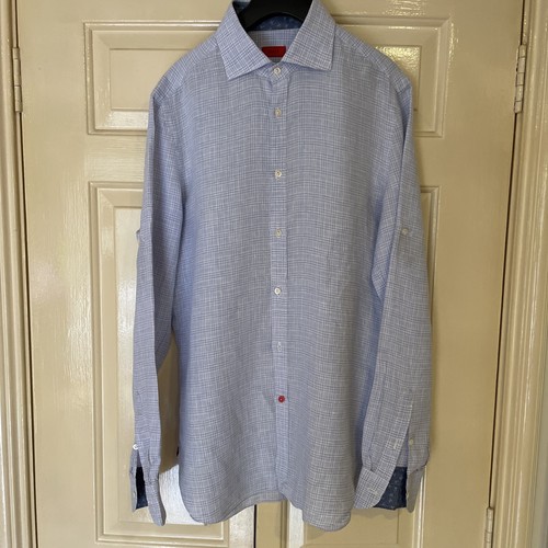 Camicia isaia napoli lino blu - camicia,