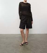 Enza Costa Linen Open Knit Crew Sweater Black