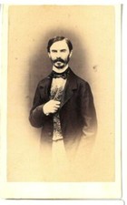 F64-CDV albumina carte de visite Man mustaches beard backdrop rug ph Rossi Milan