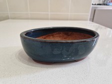 Vaso Giapponese smaltato verde-blu ottanio per bonsai 20cm ovale