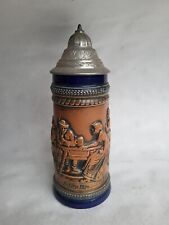 VECCHIO BOCCALE BIRRA IN CERAMICA LAVORATA COPERCHIO IN METALLO DA COLLEZIONE