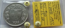 RARA MONETA ARGENTO 5 FRANCHI SVIZZERA 1922 PESO 25 GR. (GRANDE MODULO) COND BB+