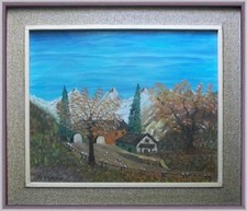 ARTE NAIF primavera in montagna olio tela dell'82 firma Tiziano Gini cornice 