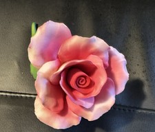 Vintage Fabar Capodimonte Rosa Rosa con Foglie Verdi Porcellana Made in Italy