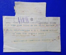 ? STORIA POSTALE TELEGRAMMA MARESCIALLO CORAZZIERI PERUFFO NOZZE ROMA 1945 ?
