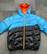 Piumino Quiksilver NEON ADIKT Puffer M blu nero arancione con cappuccio 90% piumino