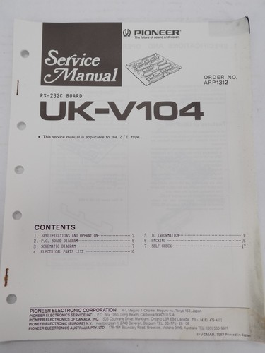 Pioneer v104 232c scheda - uk-v104, rs-232c