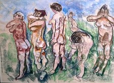 Eccezionale pastello di Fausto Pirandello "Cinque Bagnanti" in cornice oro