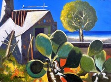 Gigi Martorelli - Paesaggio mediterraneo olio su tela CM.30X40 + cornice Anni 80