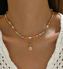 Collana Donna a Tre Strati Estiva Etnica Perline Colorate con fiore margherita