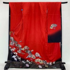 FURISODE kimono giapponese taglia L SETA furisode rosso chiaro nero rango C 4038