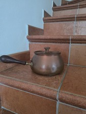 Pentola Vintage In Rame Stagnato Con Coperchio X Fonduta Manico In Legno