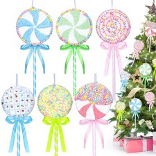 6 Pcs Pastel Lollipop Candy Land Christmas Ornaments Set, Assorted Cute Macar...