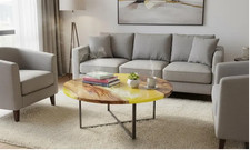 Tavolino da caffè centrale in resina epossidica gialla fatto a mano rotondo in legno piano lusso