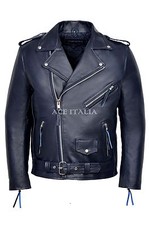 Giacca pelle uomo biker blu