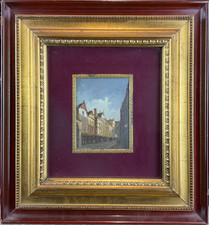 Antico Dipinto Olio su Carta Scorcio Città Nordica Stile Fiammingo Firmato 900