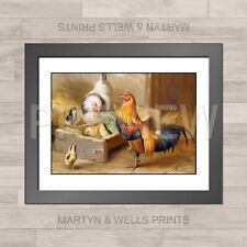 Stampa incorniciata Edgar Hunt: polli e pulcini. 400 mm x 325 mm. Carta tela testurizzata