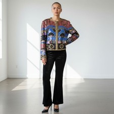 Giacca vintage anni 80 blu paillettes perline seta ritagliata floreale art deco taglia media