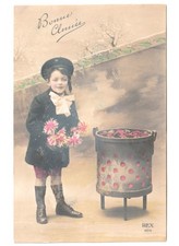 bambino forno pentola caldarroste cartolina auguri di Buon Natale Bonne Année