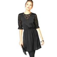 Abito Cocktail Cerimonia Business Nero con Inserti e Mezze Maniche in Pizzo -XL-