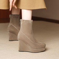 Stivaletti donna punta quadrata plateau zeppa alta elasticizzati zip posteriore misura