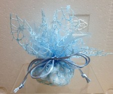 20 PZ Velo Quadro Organza CELESTE con  Rete Spider e Tirante Bomboniera 0Y6P