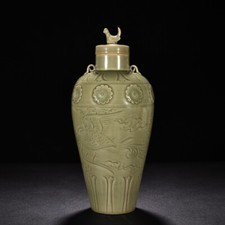 13.7" old antique the five dynasties yue kiln porcelain cyan double phoenix vase